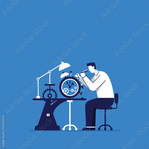Cartoon man repairs a clock on a table with gears and adjustable lamp. Flat design