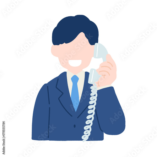 固定電話で通話するスーツのビジネスパーソン[男性]のフラットなイラスト
