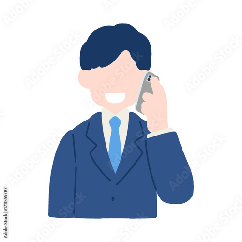 スマートフォンで通話するスーツのビジネスパーソン[男性]のフラットなイラスト

