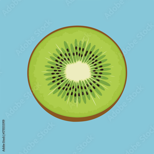 A vibrant cross-section of a kiwi fruit, showcasing its inner pattern and bright colors