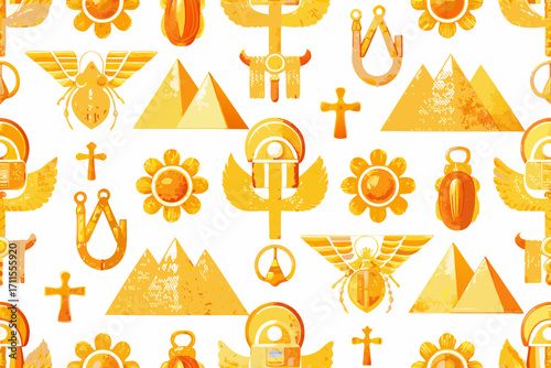 Seamless pattern of egyptian symbols in gold and orange tones