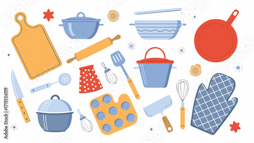 Collection of colorful kitchen cooking utensils and bakeware on white background