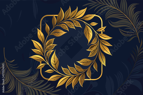 Golden leaf design showcases elegance in a circle on dark background
