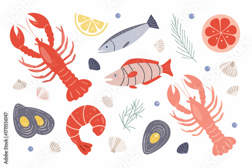 Collection of seafood and ocean elements in a flat design style