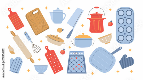 Collection of cute kitchen utensils and cooking equipment in a flat design style