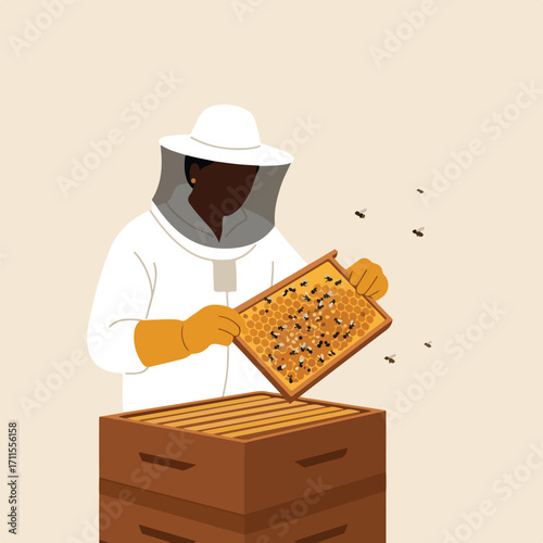 Beekeeper in protective suit holding honeycomb frame over a wooden beehive box