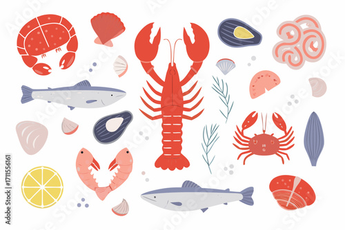 Collection of stylized seafood and ocean elements with a white background
