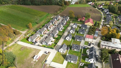 Neighborhood of suburban homes next to farmlands