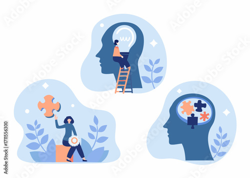 Conceptual illustration of human mind and ideas with puzzle pieces and lightbulb