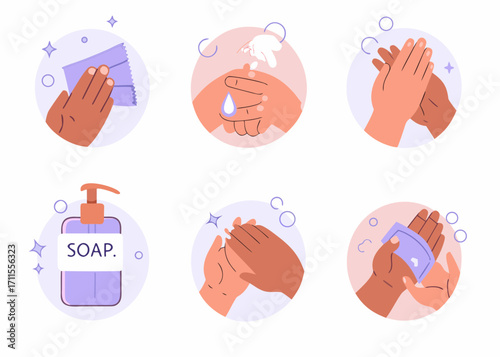 Step by step illustration of washing hands with soap and water