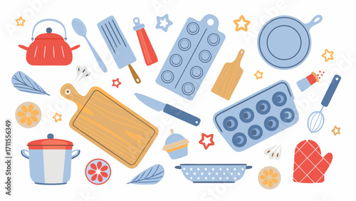 Collection of cute kitchen utensils and baking tools in flat design