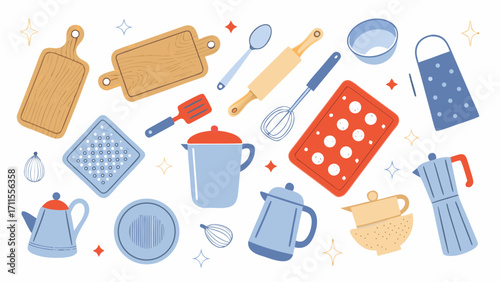 Collection of cute hand drawn kitchen utensils and baking tools