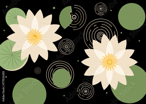 Stylized white water lilies and lily pads on a dark background with ripple effects