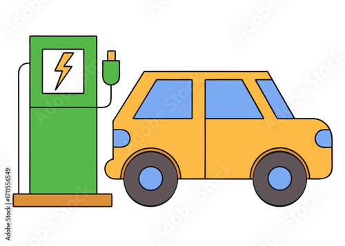 Yellow electric car charging at a green charging station with a lightning bolt symbol