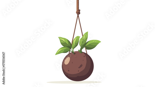 A digital illustration depicting a kokedama plant hanging from a simple twine. The kokedama is a dark brown sphere with a few bright green leaves sprouting from the top. 