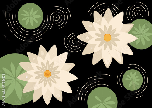 Two serene white water lilies float on a dark pond with lily pads and ripples