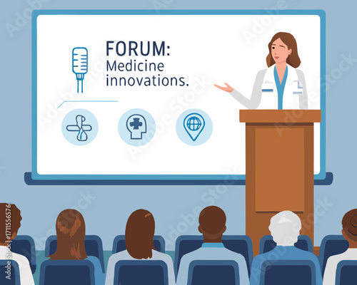Doctor presenting medicine innovations at a forum to an audience