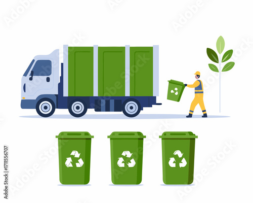 Sanitation worker collects trash bin with recycling symbol next to garbage truck