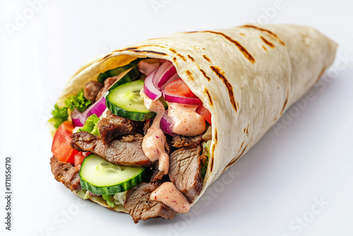 An open shawarma wrap, displaying juicy, seasoned meat topped with fresh cucumber slices, tomatoes, and red onions, all drizzled with tahini sauce.