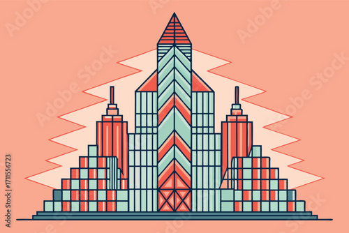 Modern architectural design featuring tall buildings with vibrant colors and geometric shapes in a stylized cityscape