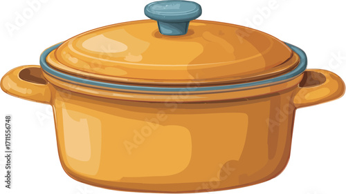 A digital illustration of a yellow cooking pot with a glass lid and a small, dark grey knob on top of the lid. The pot has two handles on either side. The style is cartoonish or simplistic with