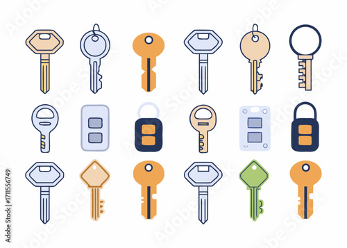 Collection of flat design keys and key fobs on a white background
