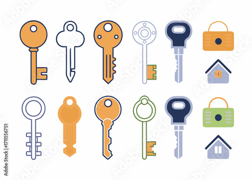 Collection of colorful flat design keys and locks with house icons