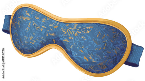 Close-up studio shot of a blue eye mask with a gold floral pattern and trim. The eye mask is contoured to fit the face and has an elastic band. The fabric appears soft and luxurious.