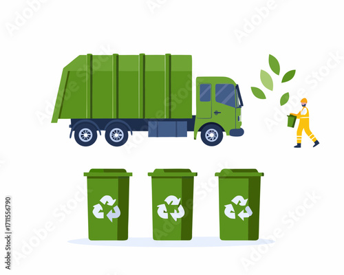 Sanitation worker collecting trash with a green garbage truck and recycling bins