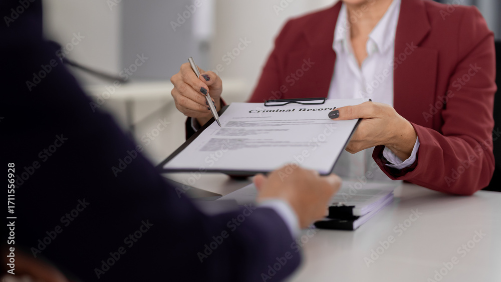 Fototapeta premium Experienced lawyer adult giving criminal record legal document client at law office for critical consultation legal advice review