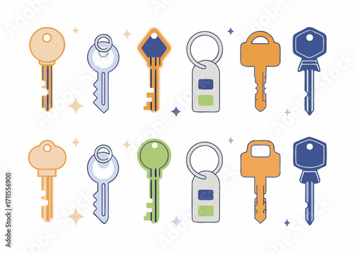 Collection of colorful flat design keys and keychains with sparkling accents