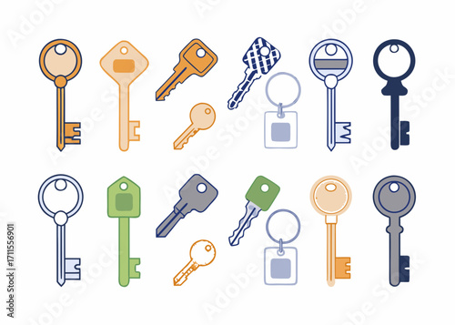Collection of colorful flat design keys and keychains on white background