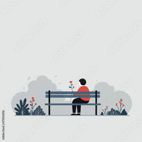 A person sits on a park bench holding a flower, surrounded by stylized vegetation