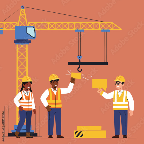 A diverse team of construction workers in safety gear collaboratively builds with yellow blocks under a large crane, symbolizing teamwork, innovation, and progress.