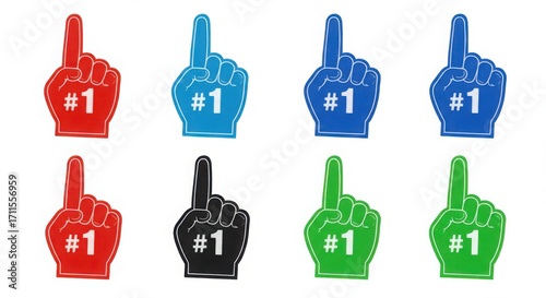 Collection of colorful foam fingers with number one sign