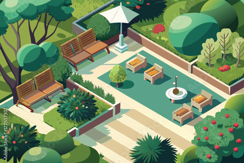 Beautiful garden setting with seating area and fountain during sunny day