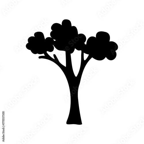 Silhouette of a tree with three main branches and puffy foliage