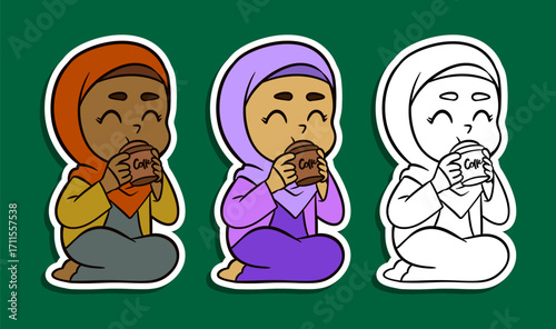 Cute Muslim girl in hijab drinking hot drink sitting sticker illustration