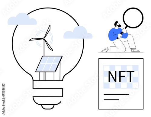 Lightbulb encasing solar panel and wind turbine, man examining NFT document with magnifying glass. Ideal for sustainability, renewable energy, blockchain, investment, innovation, eco-friendly tech