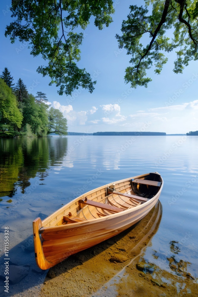 Obraz premium Wooden rowboat resting on the shore of a calm lake under a blue sky