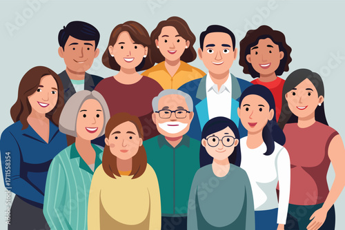 Group of diverse people smiling together in a friendly gathering at a neutral background