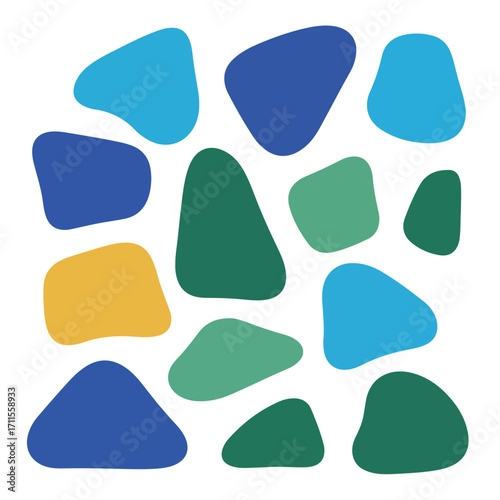 An array of irregularly shaped blobs, filled with various shades of blue, green, and yellow