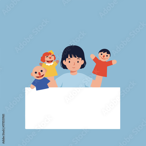 Woman with black hair playing with puppet toys holding blank banner on a light blue background