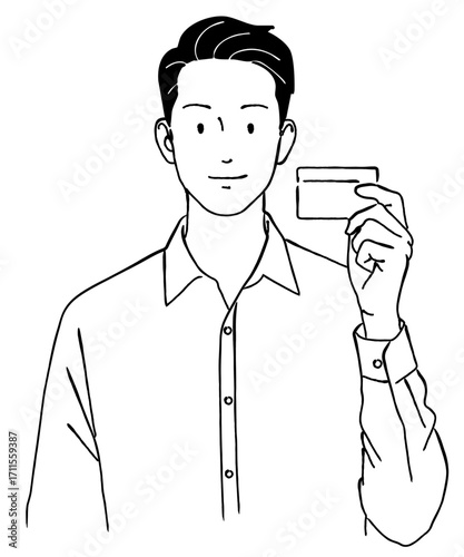 笑顔でクレジットカードを持つ若い男性のおしゃれな線画アイコンベクターイラスト / キャッシュレス / 支払い / ラインアート