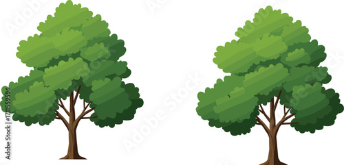 Vector illustration of two cartoon trees with green foliage and brown trunks, ideal for nature, forest, landscape, and design themes