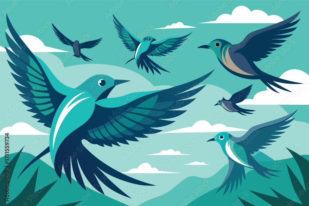 Obraz premium Brightly colored birds soar through a clear sky over green mountains surrounded by fluffy clouds