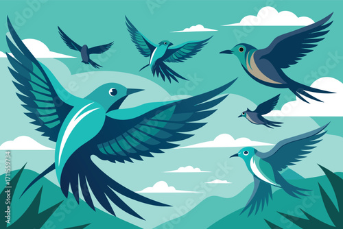 Brightly colored birds soar through a clear sky over green mountains surrounded by fluffy clouds
