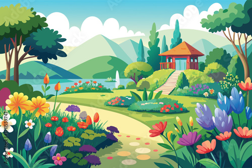 Vibrant garden with colorful flowers and a serene gazebo near a lake surrounded by mountains