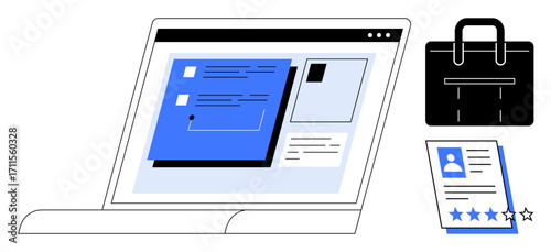 Laptop displaying application form, document resume with rating, and professional briefcase. Ideal for recruitment, career, employment, job search, business HR processes professional tools. Simple