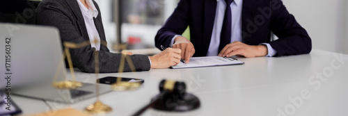 Photos Professional lawyers clients review legal document signing contract agreement at